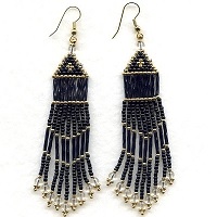 Gold Plated Wire Hook Earrings: Glass Bead Fringed Dangles ~ Black & Gold