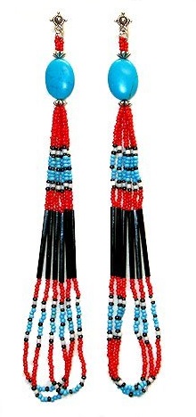 Tibetan Silver Post Back Earrings: Seed Bead & Chalk Turquoise Looped Shoulder Dusters