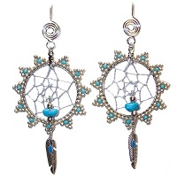 Silver-Plated Spiral Design Wire Hook Earrings: Seed Bead & Turquoise Stone Dreamcatcher Hoops