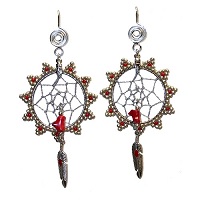 Silver-Plated Spiral Design Wire Hook Earrings: Seed Bead & Branch Coral Dreamcatcher Hoops