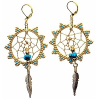 Gold-Plated Leverback Earrings: Seed Bead & Turquoise Stone Dream Catcher Hoops