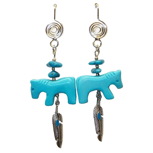 Wire Hook Earrings: Native Style Horse Fetish Dangles ~ Chalk Turquoise