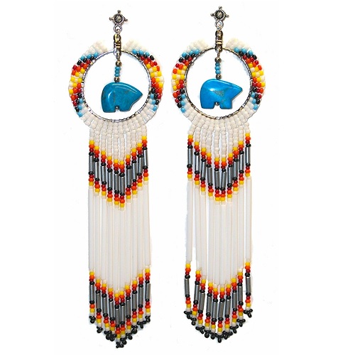 Post-Back Earrings: Seed Bead Hoop with Turquoise Howlite Zuni Bears Shoulder Dusters