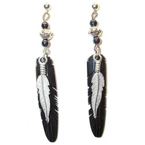 Post Back Earrings: Carved Horn Feather Dangles ~ Black