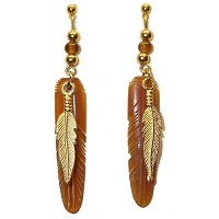 Post Back Earrings: Carved Horn Feather Dangles ~ Brown