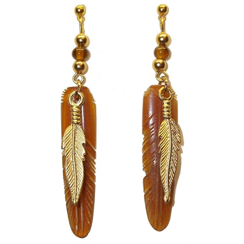 Post Back Earrings: Carved Horn Feather Dangles ~ Brown