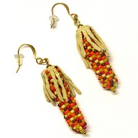 French Hook Earrings: Leather & Glass Seed Bead ~ Autumn Indian Corn
