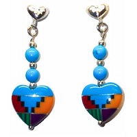 Wire Hook Earrings: Block Gemstone Inlay Heart Dangles ~ Blue Steps
