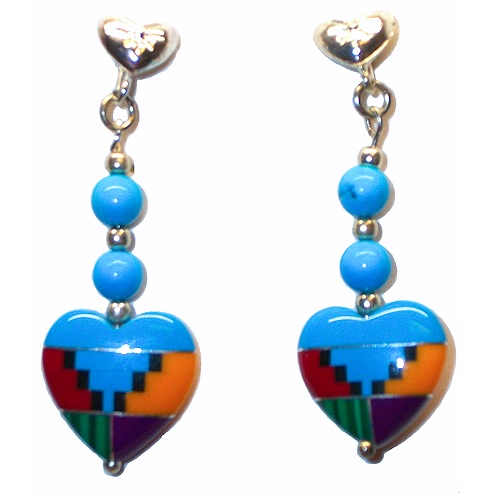 Wire Hook Earrings: Block Gemstone Inlay Heart Dangles ~ Blue Steps