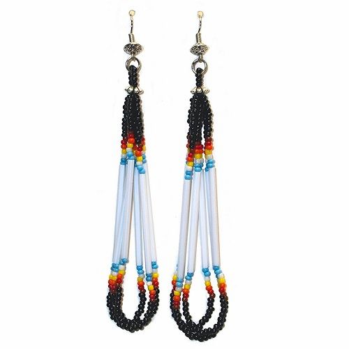 Tibetan Silver Tribal Design Wire Hook Earrings: Seed Bead Looped Shoulder Dusters