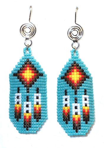 Spiral Design Wire Hook Earrings: Native American Style Delica Bead Panel Drops ~ Native Feathers, Blue