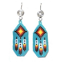 Spiral Design Wire Hook Earrings: Native American Style Delica Bead Panel Drops ~ Native Feathers, Blue