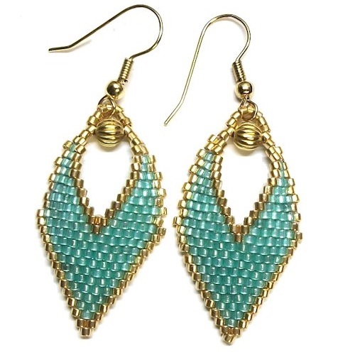 Gold-Plated Shephard Hook Ear Wire Delica Bead Earrings: Teal & Gold