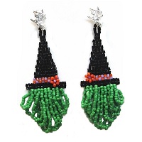 Wire Hook Earrings: Hand Beaded Halloween Witch Hat, Vintage Micro Beads ~ Green