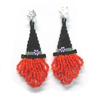 Wire Hook Earrings: Hand Beaded Halloween Witch Hat, Vintage Micro Bead ~ Orange