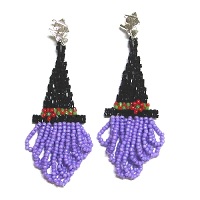 Wire Hook Earrings: Hand Beaded Halloween Witch Hat, Vintage Micro Bead ~ Purple
