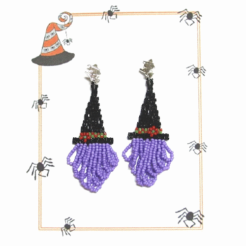 Wire Hook Earrings: Hand Beaded Halloween Witch Hat, Vintage Micro Bead ~ Purple