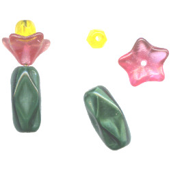 21mm Opaque Green, Pink & Yellow Pressed Glass 3-Bead BARREL CACTUS Charm / Bead Set