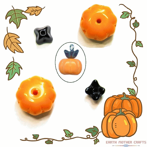 10mm Opaque Orange & Black 2-Bead Czech Pressed Glass PUMPKIN Charm Bead Set