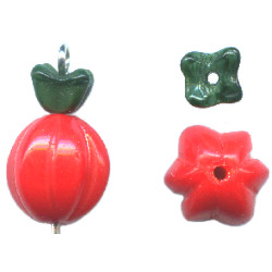 10mm Opaque Red & Green 2-Bead Pressed Glass PUMPKIN Charm Bead Set