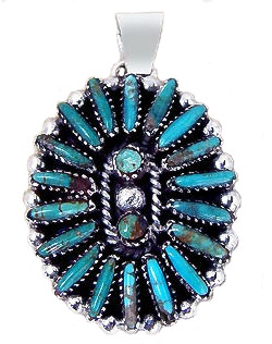 1" x 1-5/8" Sterling Silver & 20-Stone TURQUOISEoval Zuni Style NEEDLEPOINT PENDANT