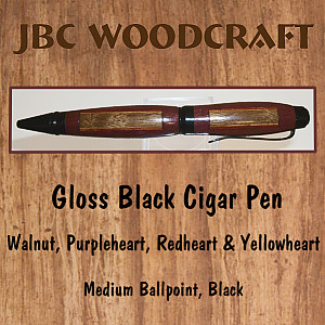 Segmented Walnut, Purpleheart, Redheart & Yellowheart, Gloss Black Cigar Pen ~ JBC Woodcraft®