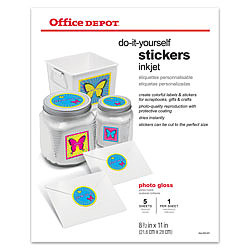 Office Depot® (652-051) 8.5" x 11" Inkjet Photo Quality STICKER Paper - High Gloss White