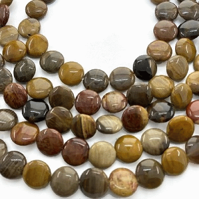 12mm PETRIFIED WOOD JASPER Puffy COIN DISC Beads