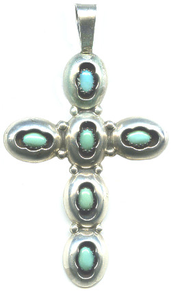 2-13/16" x 1-3/4" Sterling Silver 6-Stone TURQUOISE SHADOWBOX CROSS/CRUCIFIX Pendant