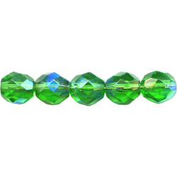 8mm Transparent Emerald Green A/B Vitrail Pressed Glass (Firepolished) FACETED ROUND Beads