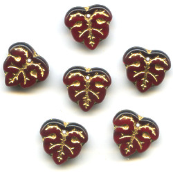 13mm Transparent Garnet Red w/Gold Etch Pressed Glass LEAF Beads