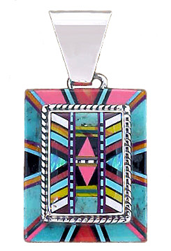 1-3/4" x 7/8" Micro Inlaid Gemstone & Sterling Silver Double-Stacked Pendant - *GEOMETRIC*