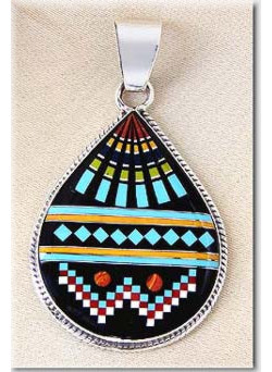 1-1/4" x 2-3/16" Micro Inlaid Gemstone & Sterling Silver Pendant - *TEARDROP*