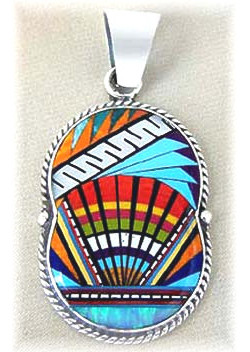 1-1/18" x 2-1/4" Micro Inlaid Gemstone & Sterling Silver Pendant - *OVAL*